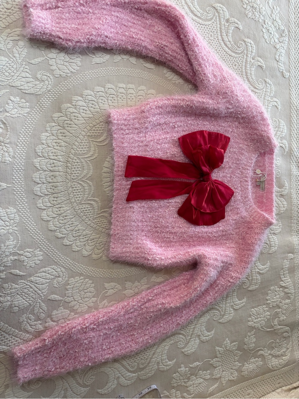 NWT Simply Southern SmallCozy Pink Fuzzy Sweater with Red Bow Accent cropped - Picture 1 of 5